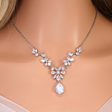 CZ Diamond Whispering Petals Jewelry Set, Long Bridal Earrings, Bracelet, Ring And Necklace, Statement Earrings Cz Necklace Set.